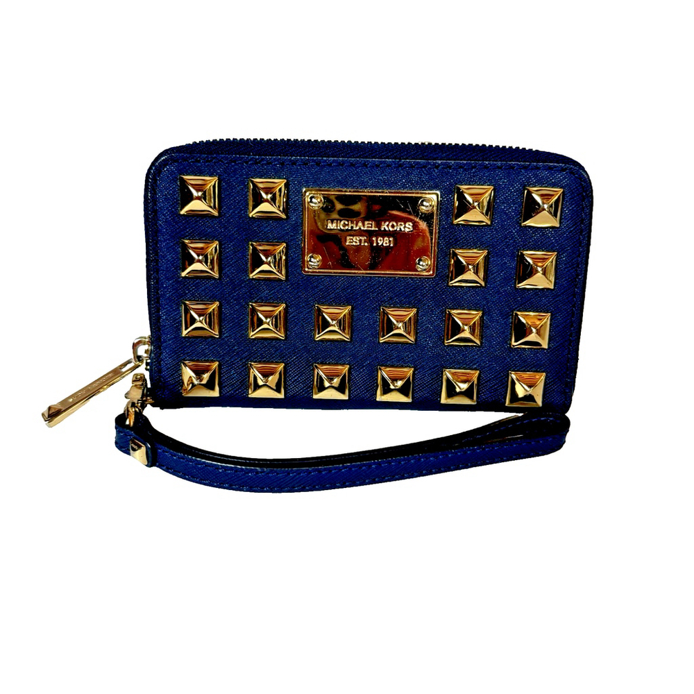 Michael Kors Navy and Gold Studded Grayson Wristlet Small Clutch - Picture 7 of 15